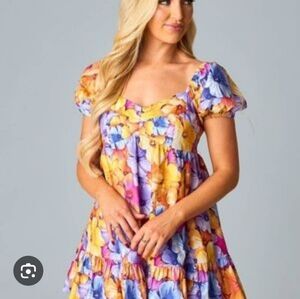 Buddy Love Multicolor Floral Smocked Sundress in Yellow, Purple & Pink Size M